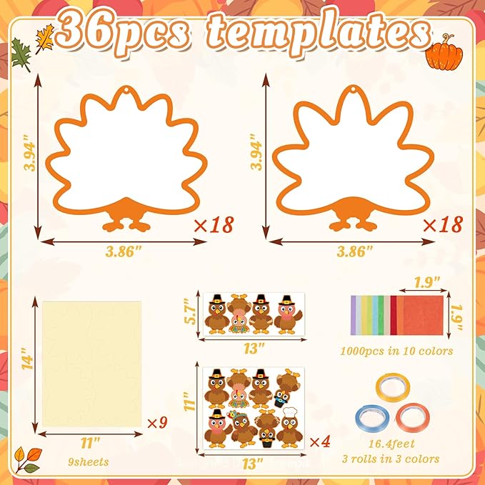 Renbuzhu 36PCS Thanksgiving Crafts Bulk: Turkey Paper Suncatchers DIY Kit for Fall Activities Decorations, Window Stained Glass Effect Art Supplies