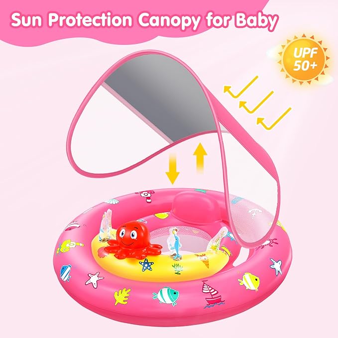 Baby Pool Float with Canopy, Inflatable Baby Swim Float with UPF50+ Sun Protection, Toddler Infant Pool Float with Toy Play Console Adjustable Safety Seat for Kids Girls Boys Aged 6-36 Months, Pink