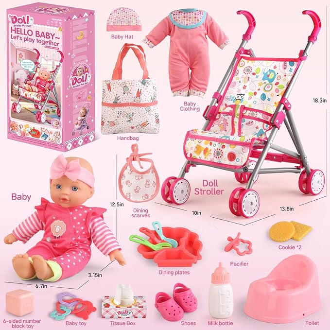YIYBM Baby Doll with Stroller Set with 12.5" Baby Dolls, Handbag, 2 Sets Doll Clothes and 16 PCS Doll Accessories. Baby Stroller Toys for Toddler Girls Kids Ages 3-5 4-6 for Pretend Play.