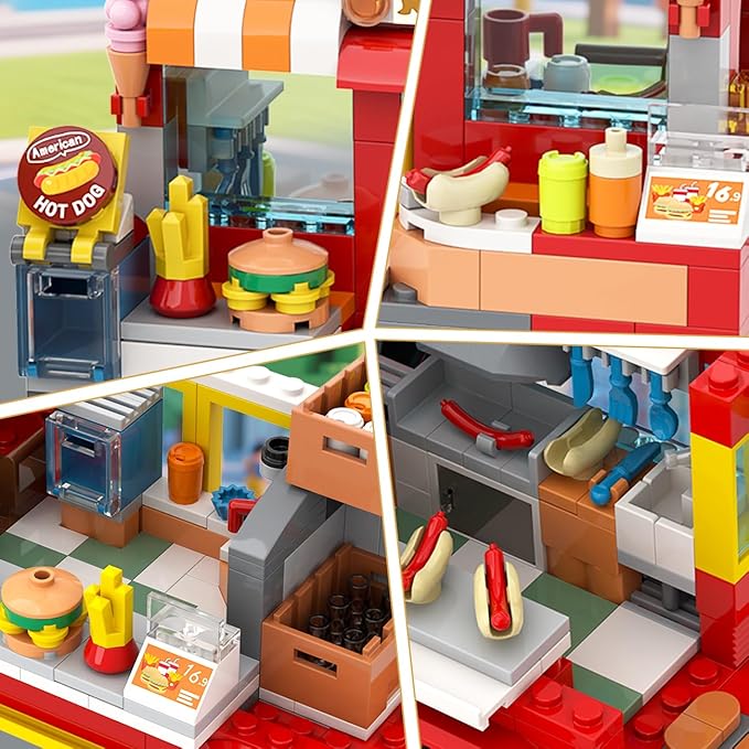 HOGOKIDS City Burger Truck House Building Toy - 2 in 1 Burger Van and Restaurant Building Blocks Set Mobile Ice Cream Food Cart Tables Restaurant Playset Valentines Gift for Kids Boys Girls 6+(826PCS)