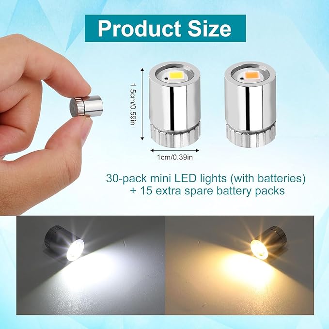 30pcs Miniature LED Lights, Warm White & Cool White Mini Electric Micro Tiny Small Lights Battery Operated with 15pcs Batteries for Crafts Dolls House Paper Lantern Decoration Dollhouse Accessories