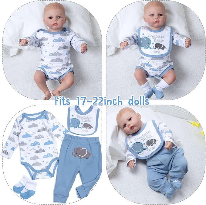 17-20-22 Inch Reborn Silicone Baby Doll Clothes Boy Reborn Clothes Baby Doll Accessories Set 12-Pieces Elephant Outfits+Bassinet +Soft Diapers and Feeding Accessory