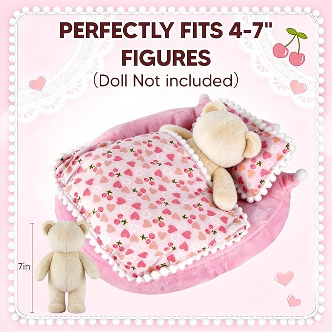 Labubu Bed, Pink Strawberry Miniature Pillow Blanket Set, Doll 10-17cm Furniture, Compatible Boo-Boo Accessory, Collectors Display Decor, Shelf Photography Props Hobby Gift
