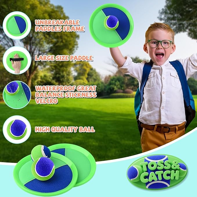 Outdoor Games - Beach Toys, Toss and Ball Set with 4 Paddles and 3 Balls, Perfect Yard Games Sets, Playground Sets for Backyards Easter Basket Stuffers for Kids (Green)