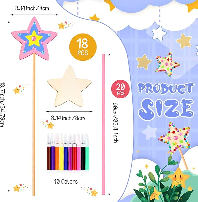 Chinco 57 Pcs Star Princess Fairy Wands Kit Make Your Own Princess DIY Art Craft Magical Wand Include 18 Star Wooden Fairy 9 Gem Stickers 20 Ribbons 10 Markers Party Supply