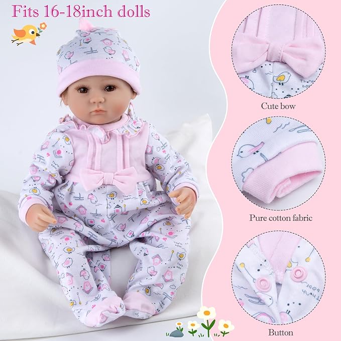 PEDOLLTREE 11 Pcs Reborn Baby Dolls Clothes Girl Pink Chick Outfit Accessories for 16-18 Inch Reborn Doll Newborn Girl with Pink Heart Bassinet