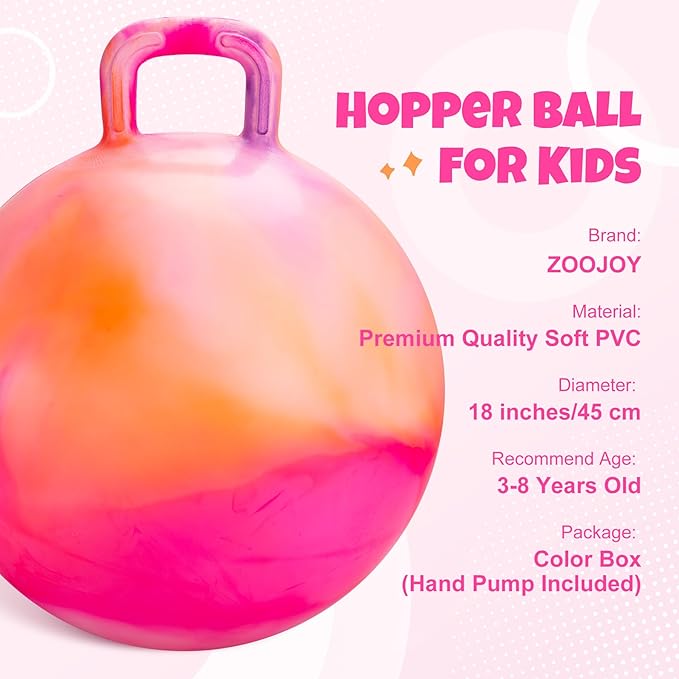 ZOOJOY Hopper Ball for Kids, 18In Bouncy Ball with Handle, Orange Clouds Girls Toys for Indoor Outdoor Active Play Hopping Ball, Easter Basket Stuffers Girls Boys Gifts for 3 4 5 6 7 8 Yr Balance Toys