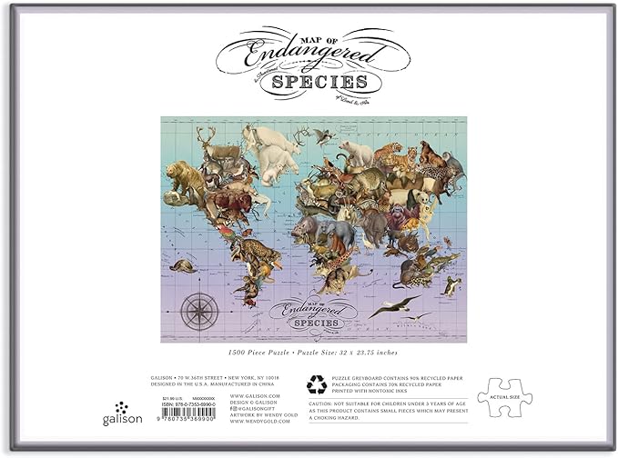 Galison Wendy Gold Endangered Species Puzzle, 1,500 Pieces, 32” x 23.75” – Difficult Jigsaw Puzzle Featuring Stunning Animal Artwork – Thick, Sturdy Pieces, Challenging Family Activity