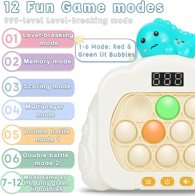 Quick Push Pop Game Fidget Toys, 12 Modes LED Screen Light Up Fast Push Bubble Game, Handheld Speed Pushing Game, Christmas Toys Gifts for 6 7 8 9 10 11 12 Years Old Kids Stocking Stuffers（Dinosaur）