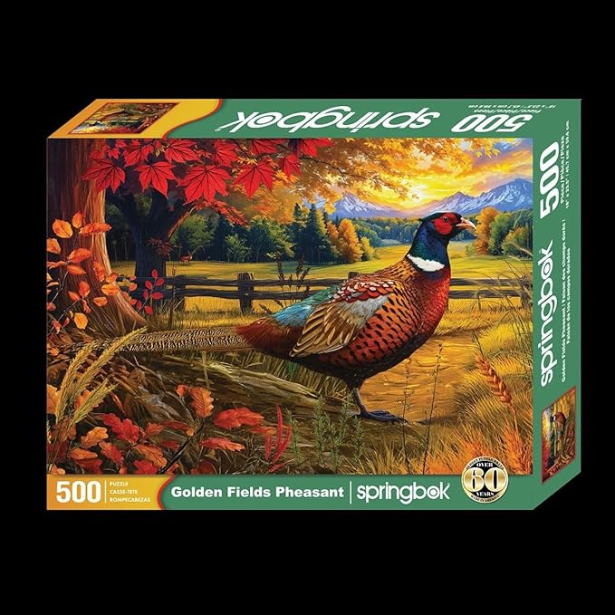 Springbok Golden Fields Pheasant 500 Piece Jigsaw Puzzle for Adults - Pheasant in a Fall Scene - Unique Cut Pieces - Made in USA