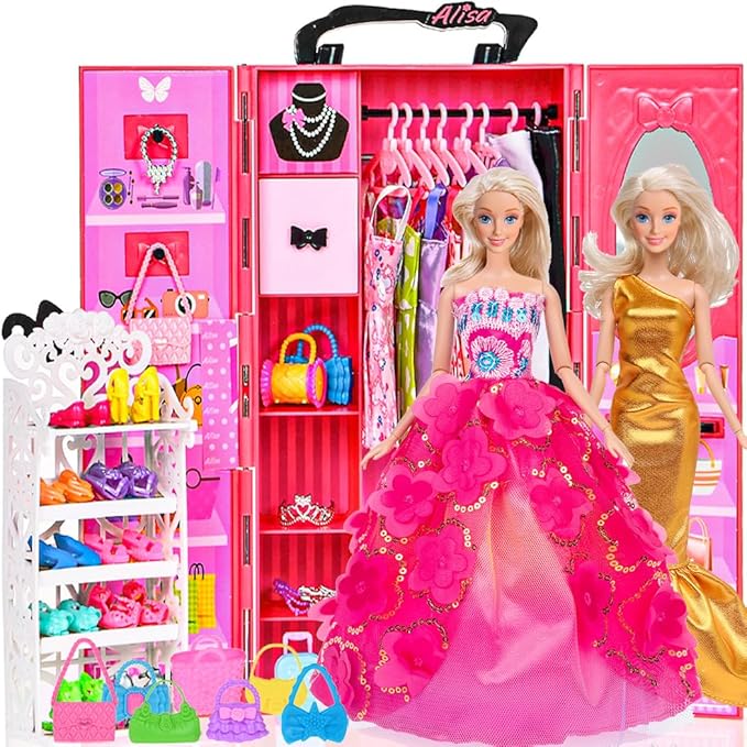 ebuddy 105 Pcs Doll and Closet Plyaset- Wardrobe Set Including One Doll,Wardrobe, Shoes Rack, Dress, Shoes Hangers, Necklace