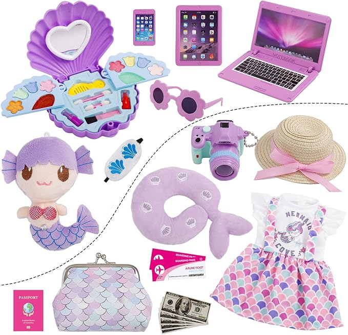 Srua Don 18 Inch Doll Suitcase Travel Luggage Play Set, Mermaid Theme Travel Carrier Storage Accessories for 18inch Doll, Include Case, Clothes, Hat, Sunglasses, Camera, Pillow, Toy Pet