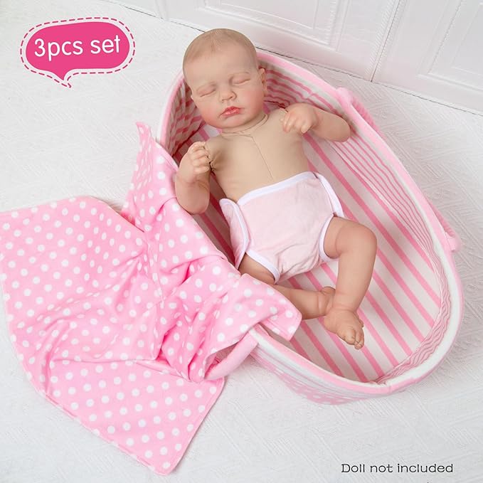 3 Pcs Reborn Baby Doll Accessories Set Bassinet + Blanket + Diaper, Thick Foldable Baby Doll Cradle Beds for 16-18 Inch Newborn Dolls Girl, Soft Sleep Babydoll Carrier Reborn Doll Accessories Pink