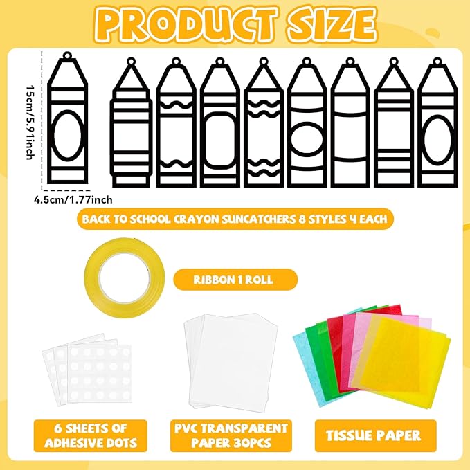 32 Sets Back to School Crayon Suncatchers Craft Kit DIY Window Stained Glass Effect Crayons Paper Crafts for Home School Classroom Decoration Kid Birthday Gifts Creative Art Projects Activity Game