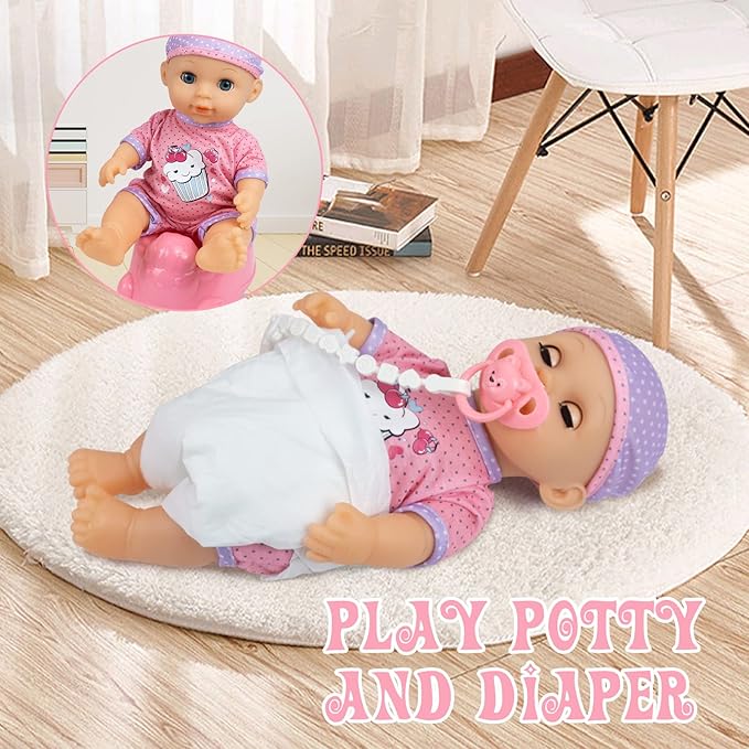 RedCrab Baby Doll Toys Set, Newborn Dolls PlaySet with High Chair Stroller Feeding ,Tableware Set and Doll Clothes Accessories, 15+ pcs Toddler Pretend Play Gift Toys for Girls - 12" Dolls