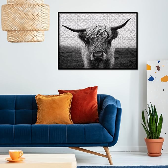 Black White Highland Cow Puzzles for Adults 1000 Pieces,Impossible Hard Difficult Challenging Aesthetic Jigsaw Puzzles, Art Animal Puzzle