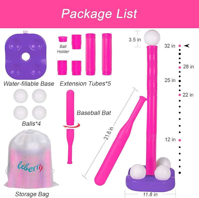 Liberry Tball Set for Toddlers with Adjustable Height Tee Ball Stand, Weighted Base and Kids Baseball Bat, Sports Game Toys Christmas Birthday Gift for Boys Girls Ages 3 4 5 (Pink)