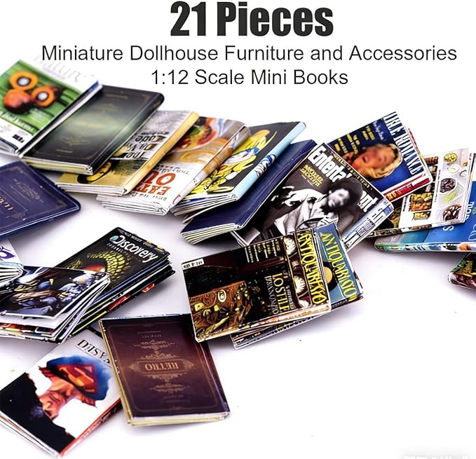21PCS 1:12 Scale Miniature Books, Mini Books for Crafts, Tiny Book Dollhouse Books Decor, Mini Books for 1:12 Doll House Library Study Room Decoration Accessories (MiniBooks)