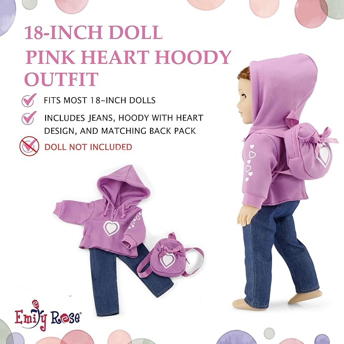 Emily Rose 18-inch Doll Pink Hoodie Outfit - 3-Piece Set with Sweatshirt, Jeans & Matching Backpack - Gift Boxed 18” Doll Clothes – Compatible with American Girl & Our Generation Dolls