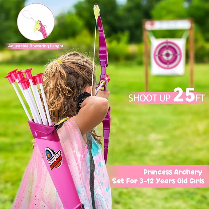 VGOFUN Kids Bow and Arrow Set: LED Light Up Archery Toy with Princess Cape and Headband, 10 Suction Cup Arrows, Outdoor Toys Gifts for 3-8 Year Old Girls (Archery Set with Butterfly Mask)
