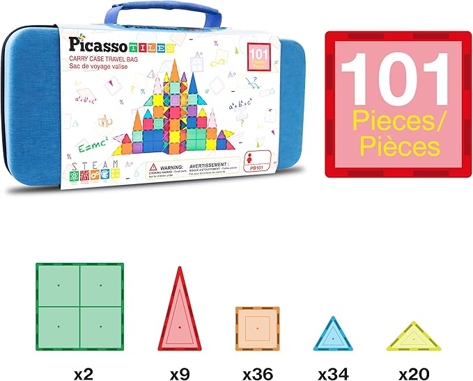 PicassoTiles 101 PCs Magnetic Tiles Building Block with Storage Case Included Bold Colors Travel Carry Case Construction Set for Boys & Girls Great Gift Preschool Kindergarten Montessori Playing Toys