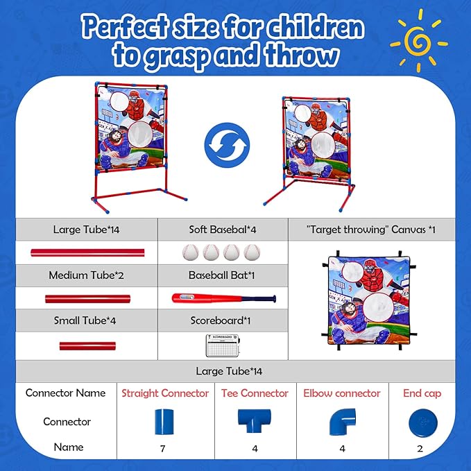 JoyCat Baseball Games for Kids,Toddler Baseball Practice Equipment with Adjustable Height Target for Throwing and Batting,Strike Zone,Tball Bat,4 Soft Balls,Easter Basket Stuffers for Boys Girls