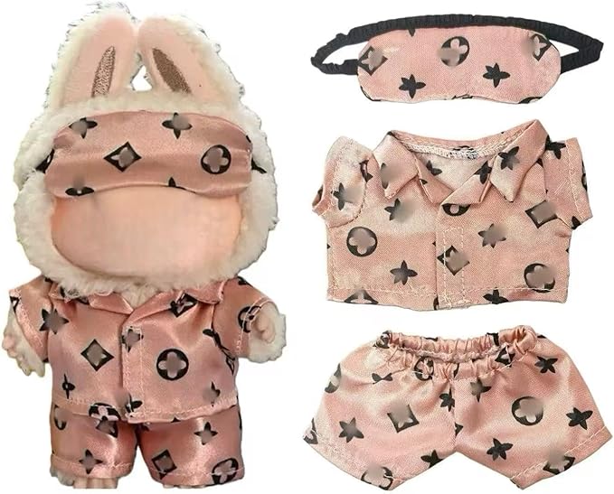 17cm Doll Clothes for lububu ，Designer Pajamas Clothes Suitable for lububu Dolls Outfits and Accessories Set，Including top +Pant+Eye mask - 3PCS Classic Set，Doll not Included(PINK2)