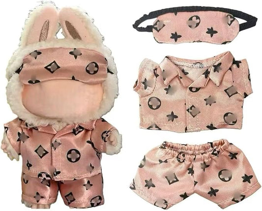17cm Doll Clothes for lububu ，Designer Pajamas Clothes Suitable for lububu Dolls Outfits and Accessories Set，Including top +Pant+Eye mask - 3PCS Classic Set，Doll not Included(PINK2)