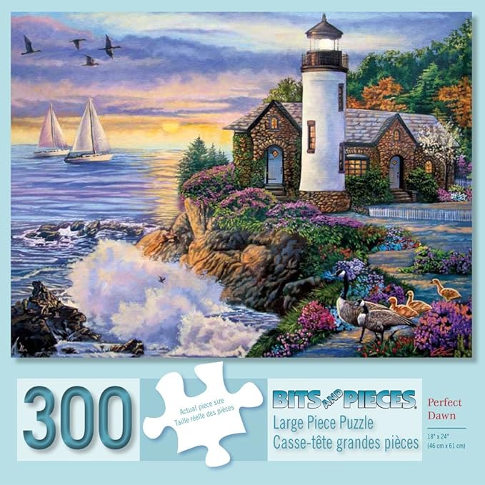 Bits and Pieces – Large 300 Piece Jigsaw Puzzle for Adults – ‘Perfect Dawn’ Ocean Sunrise Jigsaw Puzzle by Artist Laura Glen Lawson, Completed Puzzle Size: 18" x 24"