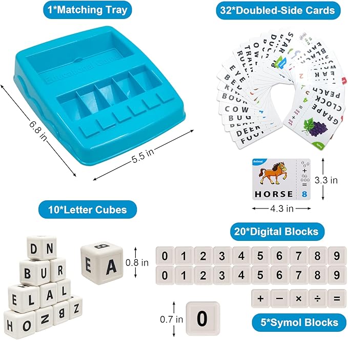 Matching Letter Game for Kids, 2 in 1 Educational Toys Alphabet Spelling & Reading, Number & Color Recognition Learning Flash Cards Birthday Gifts for Preschool Kindergarten Boys & Girls (Light Blue)
