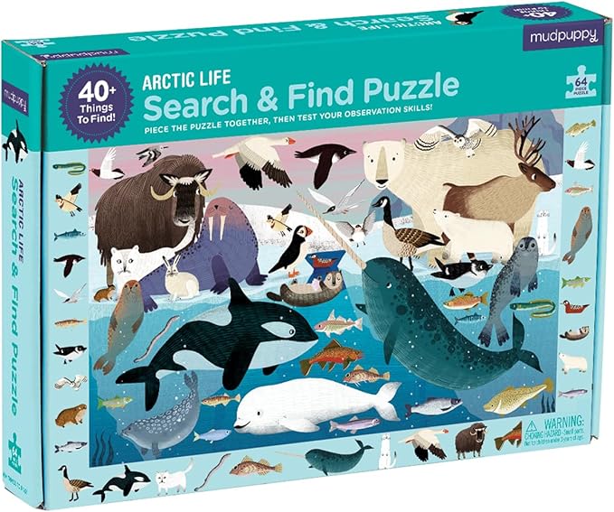 Mudpuppy Arctic Life Search & Find Puzzle, 64 Pieces, 23”x15.5” – For Kids Age 4-7 - Colorful Illustrations of Animals, Fish, Birds Living in the Arctic – Complete Puzzle to Find 40+ Hidden Images