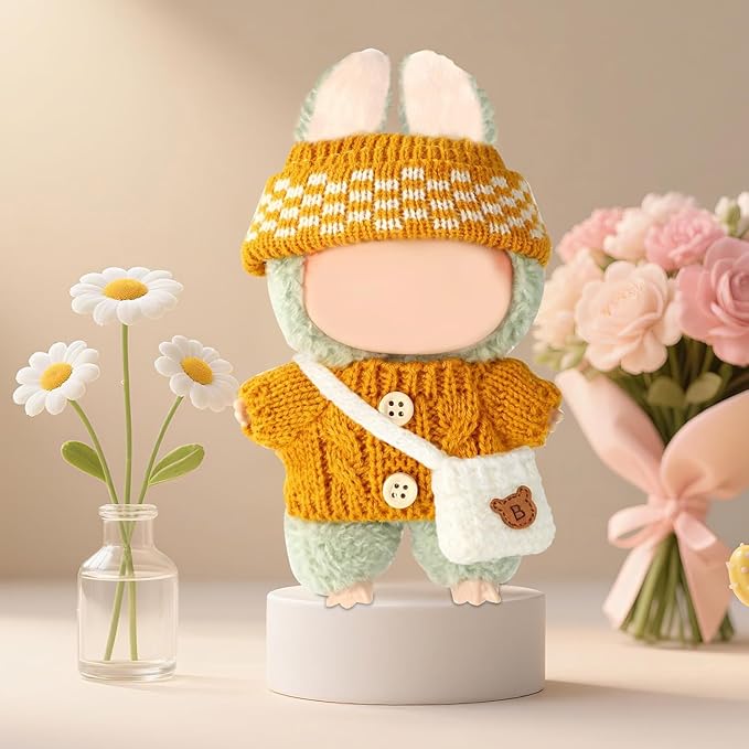 17cm Doll Clothes Set for Lububu, Designer Hand-Crocheted Yellow Sweater Outfit with Hat & Crossbody Bag Accessories,Cute Clothing for 15cm Have a Seat Series Dolls Dress -Up Display