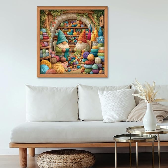 Funny Knitting Gnomes Puzzle for Adults 1000 Pieces，Vintage Cozy Yarn Workshop Colorful Art Puzzle，Cute Sewing Room Gnomes Jigsaw Puzzle Challenge
