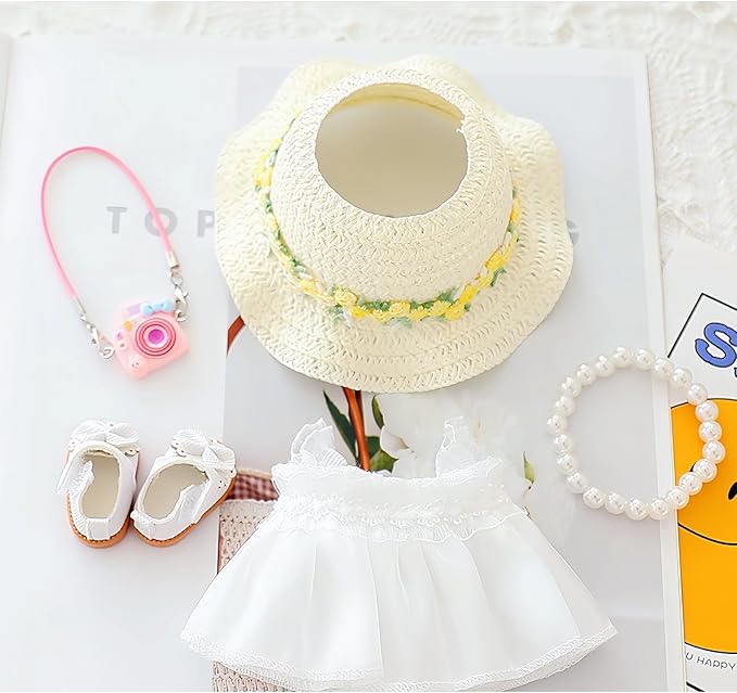 Clothes for Lububu Dolls(No Doll) Accessories, Outfit Set 5 Pieces Gauze Dress for 17cm Doll, Romantic Hat Skirt Shoes Doll Clothing Set Replacement White