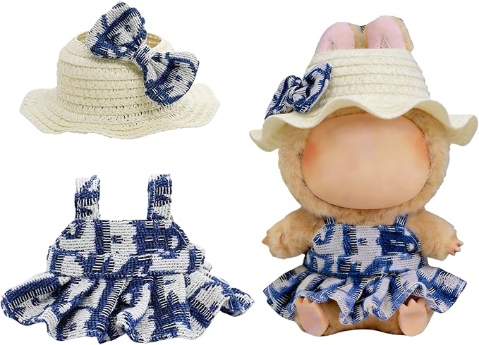 Doll Clothes for 17cm Dolls, Premium Handmade Fashion Clothes 3 Piece Set Including a Weaving Hat, Clothes and Bow with High-End Dolls Accessories for Play & Display - Pure Blue (No Doll No Logo)