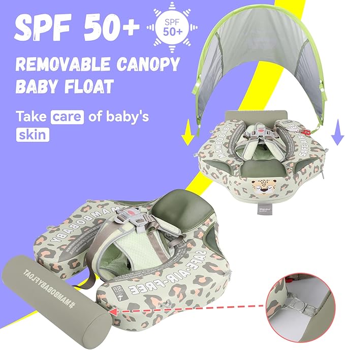 Mambobaby Baby Swim Float with Canopy Non-Inflatable Infant Pool Float with Tail 3-24 Months Avoid Flip Solid Skin-Friendly Material for Toddler Boys Girls