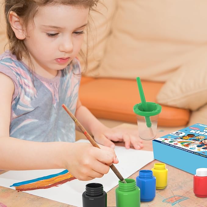 ABEIER Washable Kids Paint, Safe Non-Toxic Finger Paint, 12 Vibrant Colors(2 fl oz) with 3 Paint Brushes, Mess-Free Arts & Crafts Supplies for Toddlers & Grandkids, Ages 3, 4, 5