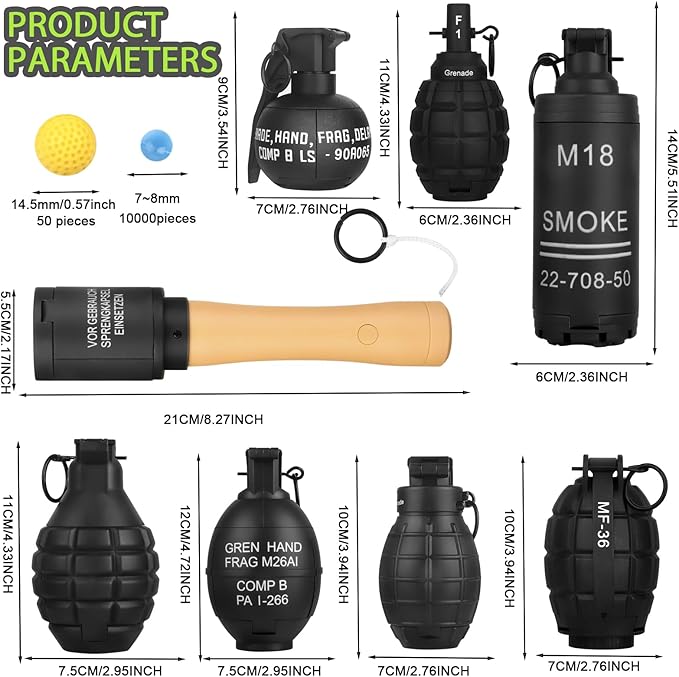Tactical Toy-Grenade for CS Battle Game,8Pcs Fall Resistant Refillable Fun Impact,Hand Fake Grenade Toy with 100 Foam Ammo for 14+ Outdoor Sport