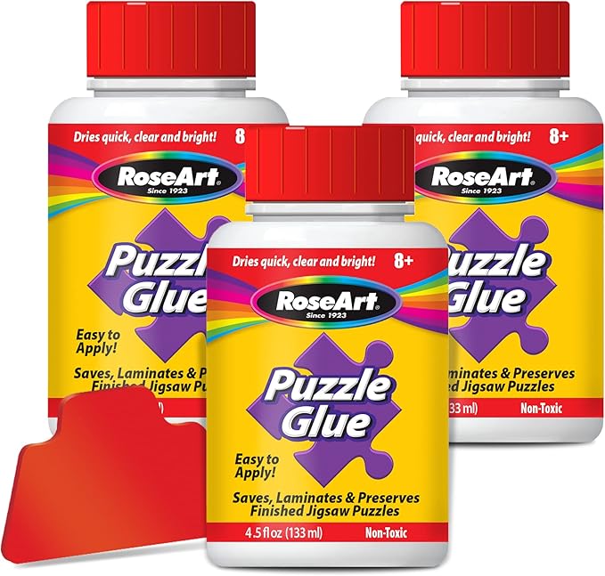 RoseArt Jigsaw Puzzle Glue with Applicator, 3-Pack – Clear Quick-Dry Formula to Seal, Laminate & Preserve Finished Puzzles (4.5 oz Bottles)