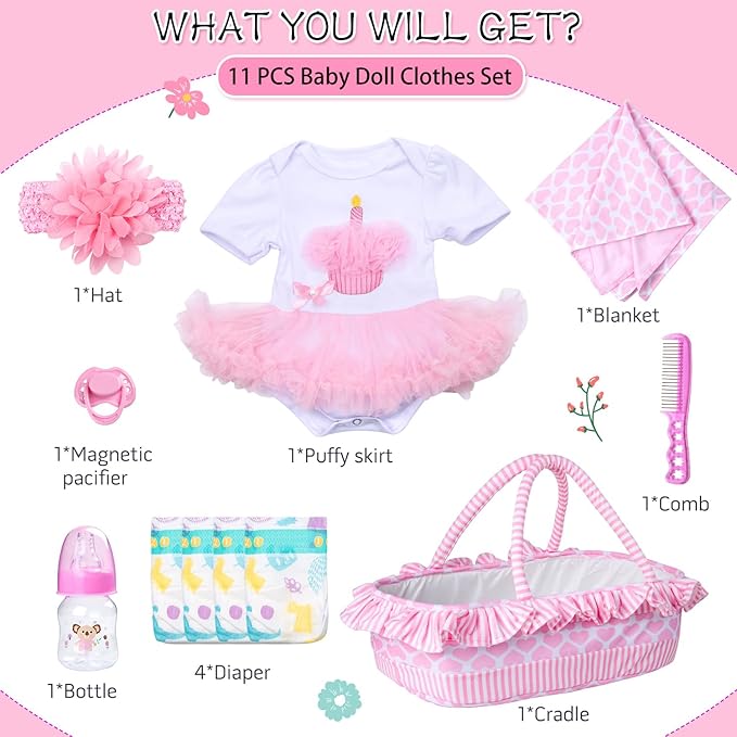 Reborn Baby Doll Clothes 11pcs Pink Dress for 17-22 Inch Reborn Dolls Baby Girl Clothes Diaper Soft Bed Accessories