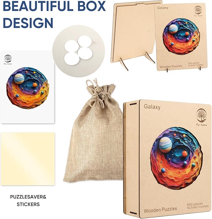 Mys Aurora Space Puzzles for Adults 500 Pieces, Unique Shapes Solar System Jigsaw Puzzles, 3D Visual Effect Planet Wooden Puzzles, Family Puzzle Games Birthday Gift, 16.5 x 16.2 Inches