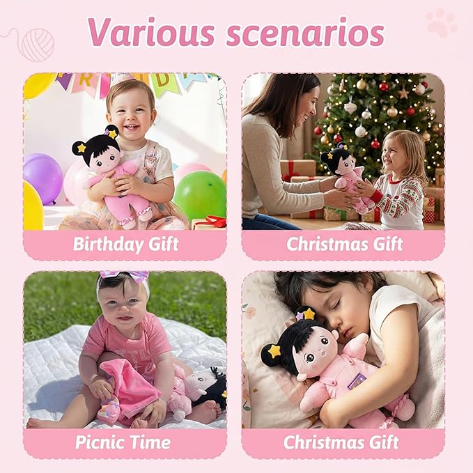 OUOZZZ Soft Baby Doll 10" - Asian Doll First Birthday Toys for 1 Year Old Girl, Ideal 1 Year Old Girl Gifts & Baby Girl Gifts, Snuggle Buddy for Infants Pink Straps Black Hair