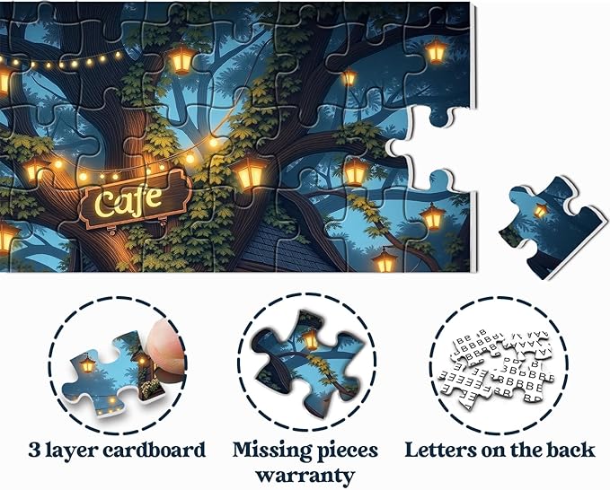 Treehouse Cafe Puzzles for Adults 1000 Pieces, Fantasy Forest Night Jigsaw Puzzles, Magical Tree Coffee Shop Scene