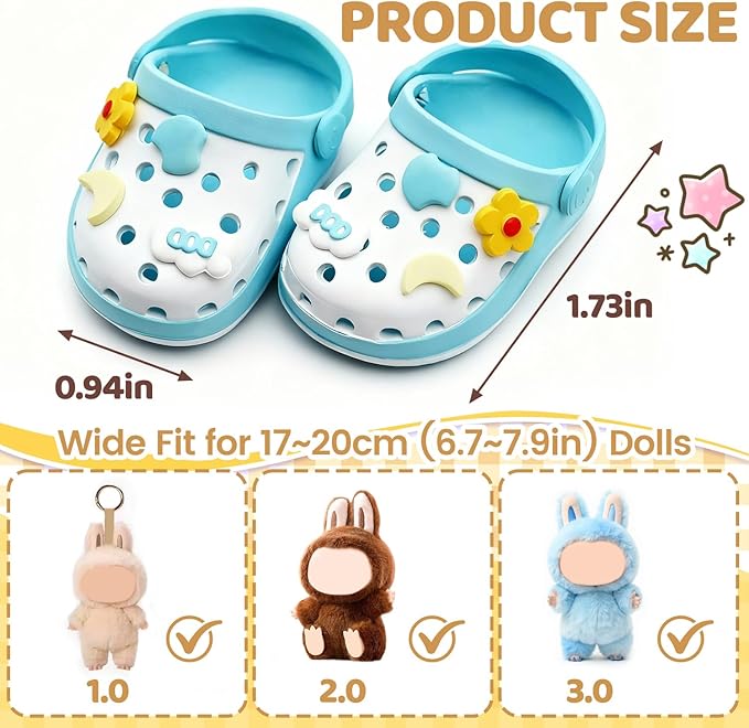 Doll Shoes,6.7in(17cm) Plastic Doll Dress up Shoes,Doll Decoration Accessories for Mini Clog Shoes with Cute Decoratives,Dual-Tone Oil Painting Design with Removable Ornament (Blue)