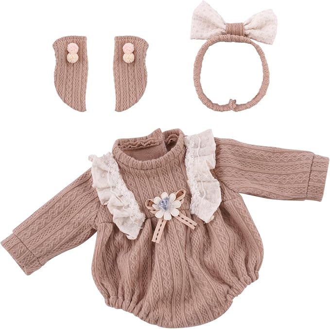 BABESIDE 3 Pcs Baby Doll Clothes Accessories Set for 12-16 Inch Babys Doll, Knitted Romper, Bow Headband and Socks, Baby Dolls Clothes and Accessories