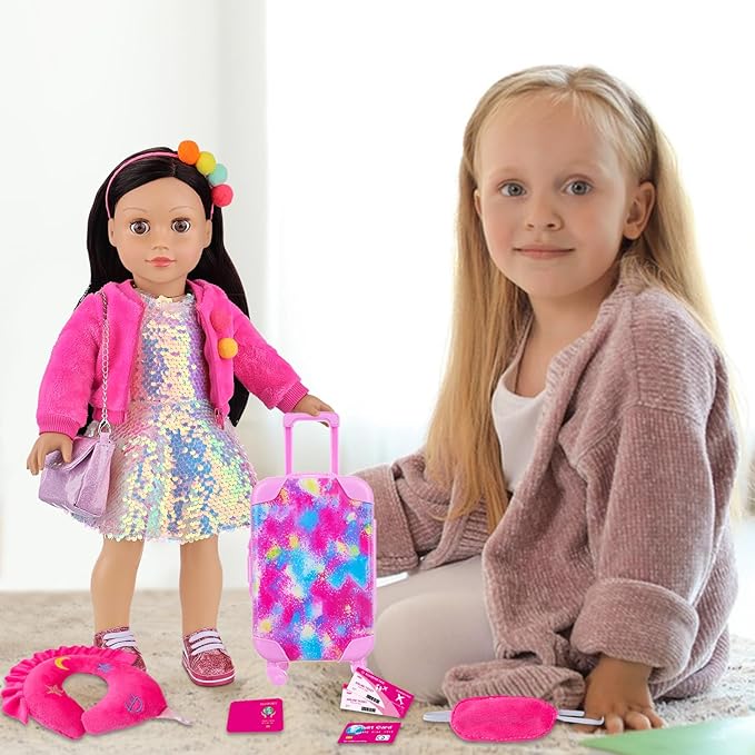 K.T. Fancy 18 Inch American Doll Clothes and Accessories, Doll Travel Suitcase Playset for Girls, Cute Travel Doll Clothes for 18 Inch Girl Doll(Not Include Doll & Shoes), Pink