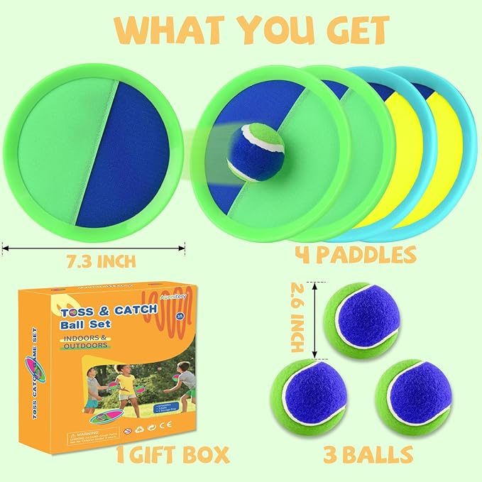 Outdoor Games - Beach Toys, Toss and Ball Set with 4 Paddles and 3 Balls, Perfect Yard Games Sets, Playground Sets for Backyards Easter Basket Stuffers for Kids (Green)