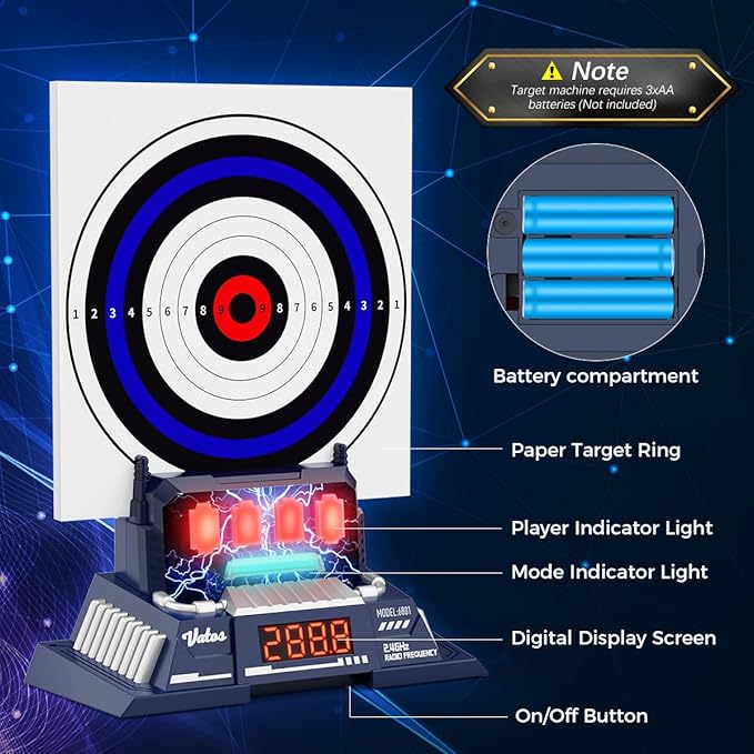 VATOS Smart Electronic Shooting Game Set, 2.4GHz Rechargeable Toy Gun with Auto-Scoring Target and Real-Time Voice Feedback, 4 Game Modes, Indoor and Outdoor Shooting Game Toy for Kids Age 10+, Teens