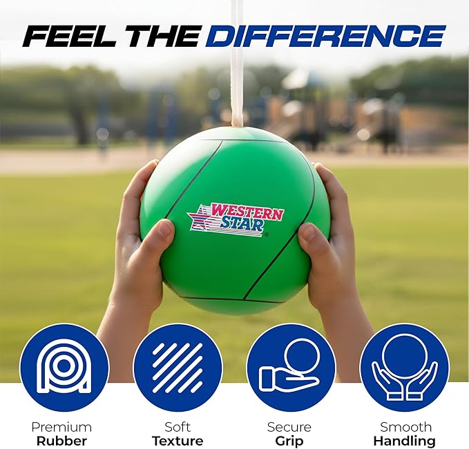 Western Star Tetherball Game Set - Soft-Touch Tether Ball with 2 Reinforced Attached Ropes - Outdoor - 4 Colors - Classic Family Game