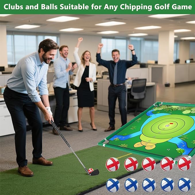 Golf Chipping Game, Play Portable Golf Target Practice Game Set, Fun Indoor & Outdoor Family Yard Game for Backyard, Beach, Parties, Office (2 Clubs & 10 Balls)